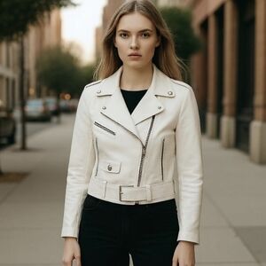Silence + Noise White Leather Moto Jacket Asymmetrical Zipper Belted Zip Cuffs S